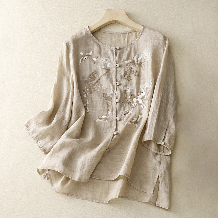 Buddha Stones Round Neck Casual Blouse Embroidery Long Sleeve Shirt Cotton Linen Top Women's Shirts - Tan - US/UK/AU40,EU50 (2XL) - image 6