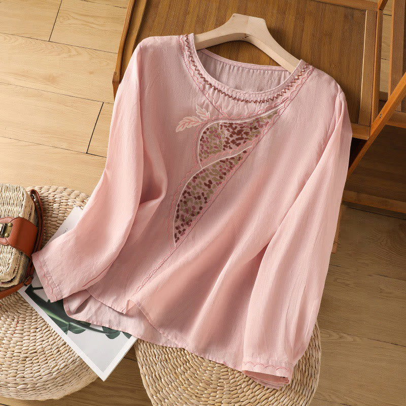 Buddha Stones Ethnic Embroidery Crew Neck Cotton Linen Pullover Clothing - Pink - US8-10,UK/AU12-14,EU40-42 (2XL) - image 19