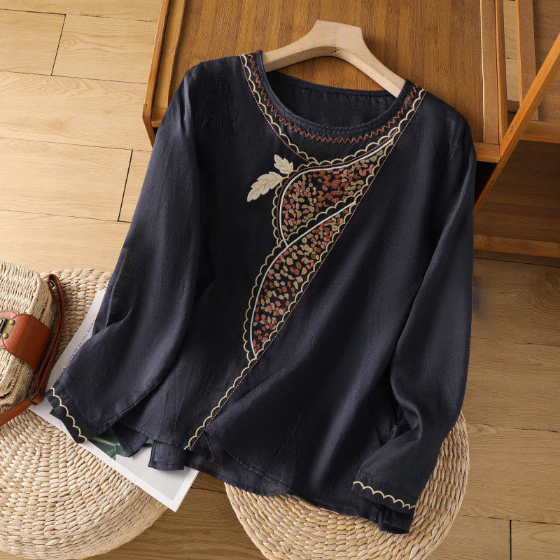 Buddha Stones Ethnic Embroidery Crew Neck Cotton Linen Pullover Clothing - MidnightBlue - US8-10,UK/AU12-14,EU40-42 (2XL) - image 4