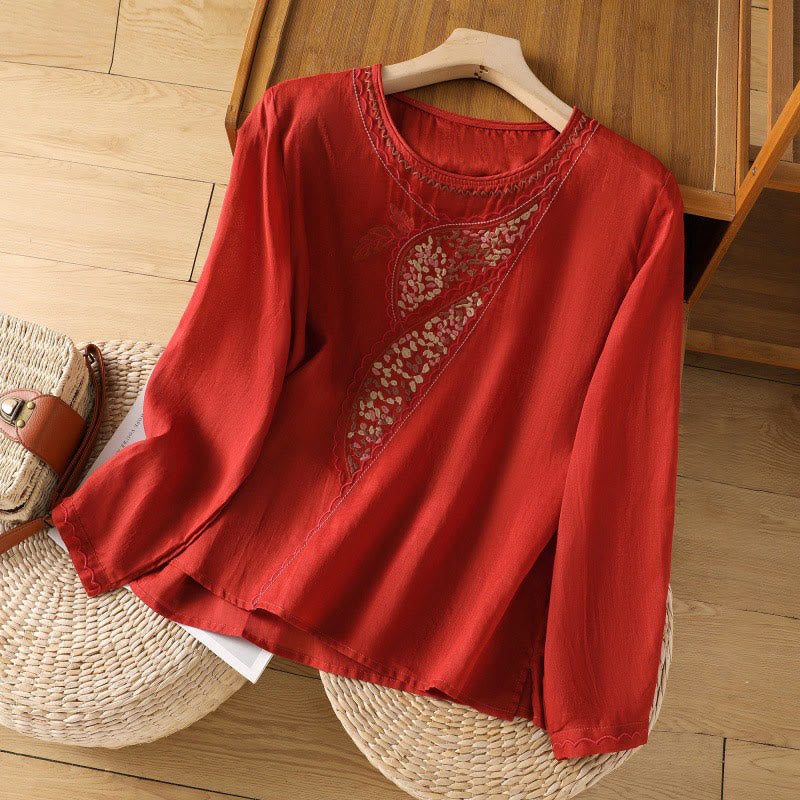 Buddha Stones Ethnic Embroidery Crew Neck Cotton Linen Pullover Clothing - Red - US8-10,UK/AU12-14,EU40-42 (2XL) - image 11