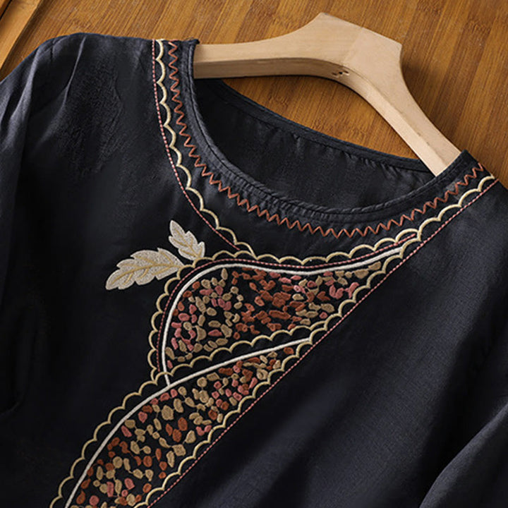 Buddha Stones Ethnic Embroidery Crew Neck Cotton Linen Pullover Clothing - image 6