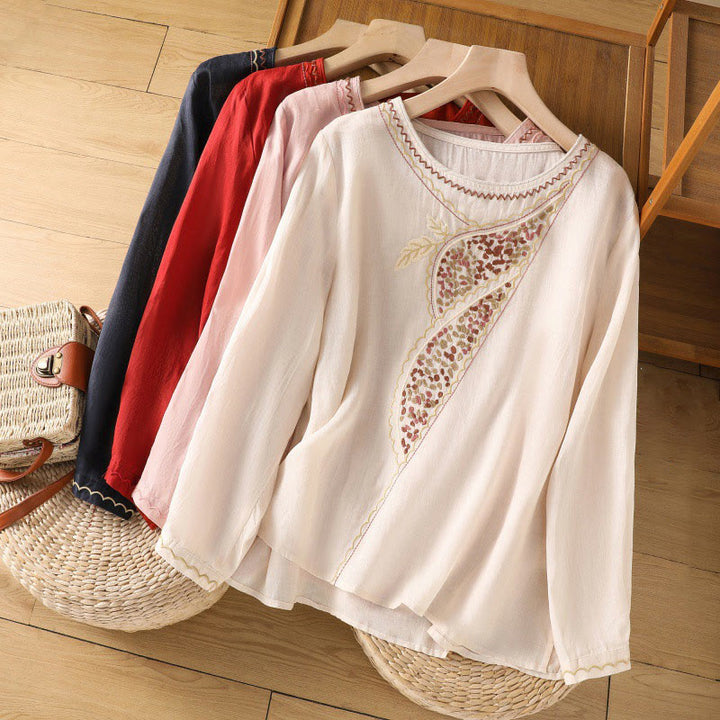 Buddha Stones Ethnic Embroidery Crew Neck Cotton Linen Pullover Clothing - image 0