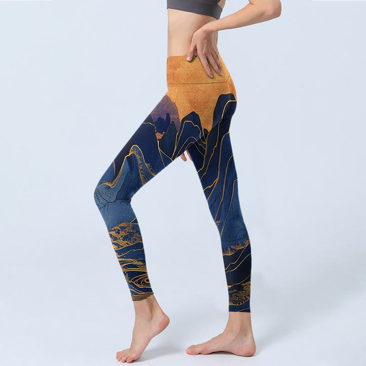 Buddha Stones Dark Blue Mountain Sunset Print Fitness Leggings Women's Yoga Pants - image 3