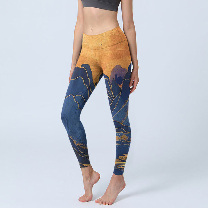 Buddha Stones Dark Blue Mountain Sunset Print Fitness Leggings Women's Yoga Pants - MidnightBlue - US18,UK/AU22,EU50 (4XL) - image 1
