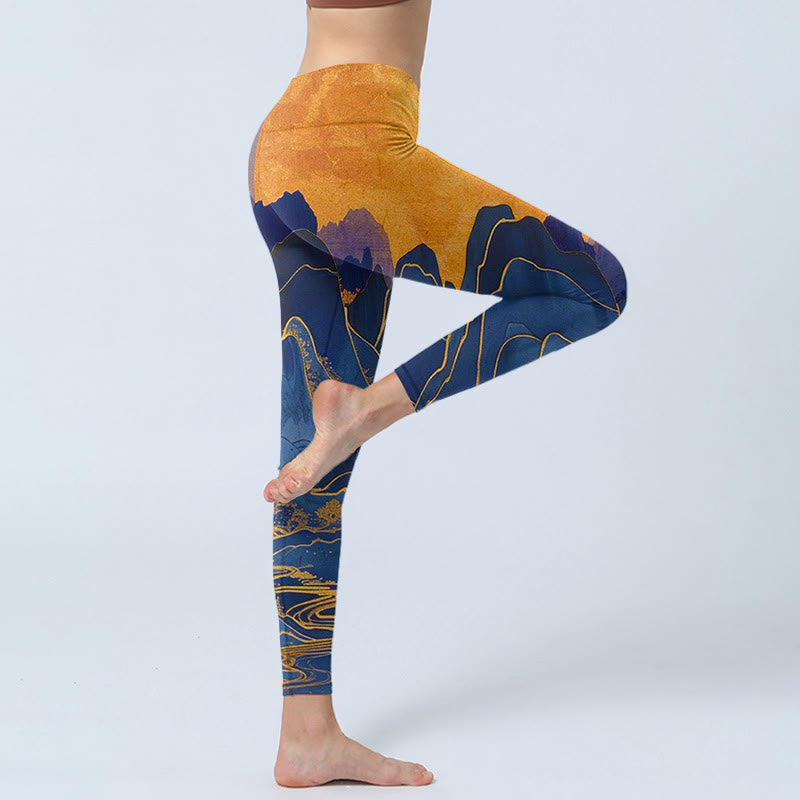 Buddha Stones Dark Blue Mountain Sunset Print Fitness Leggings Women's Yoga Pants - image 5