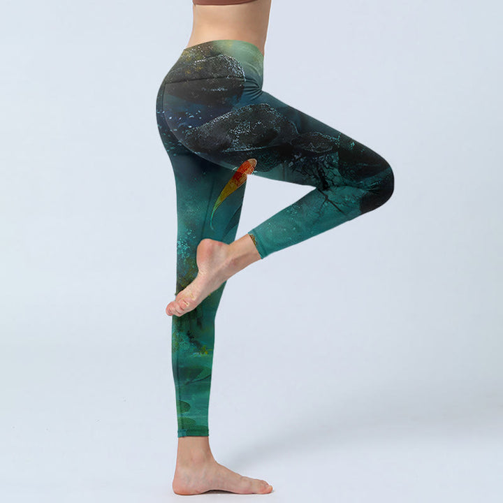 Buddha Stones Pond Koi Fish Rocks Print Sports Leggings Women's Yoga Pants - image 4