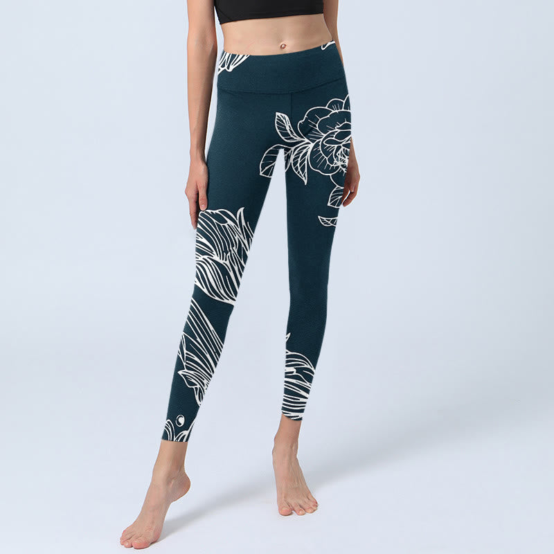 Buddha Stones Peony Epiphyllum Flowers Print Gym Fitness Leggings Women's Yoga Pants - image 7