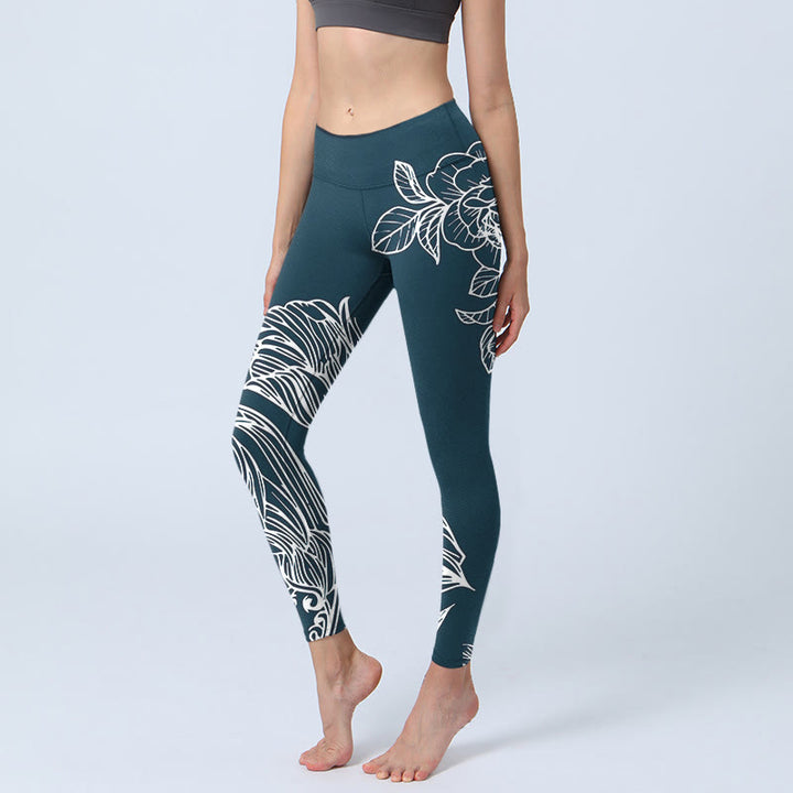 Buddha Stones Peony Epiphyllum Flowers Print Gym Fitness Leggings Women's Yoga Pants - SteelBlue - US18,UK/AU22,EU50 (4XL) - image 1