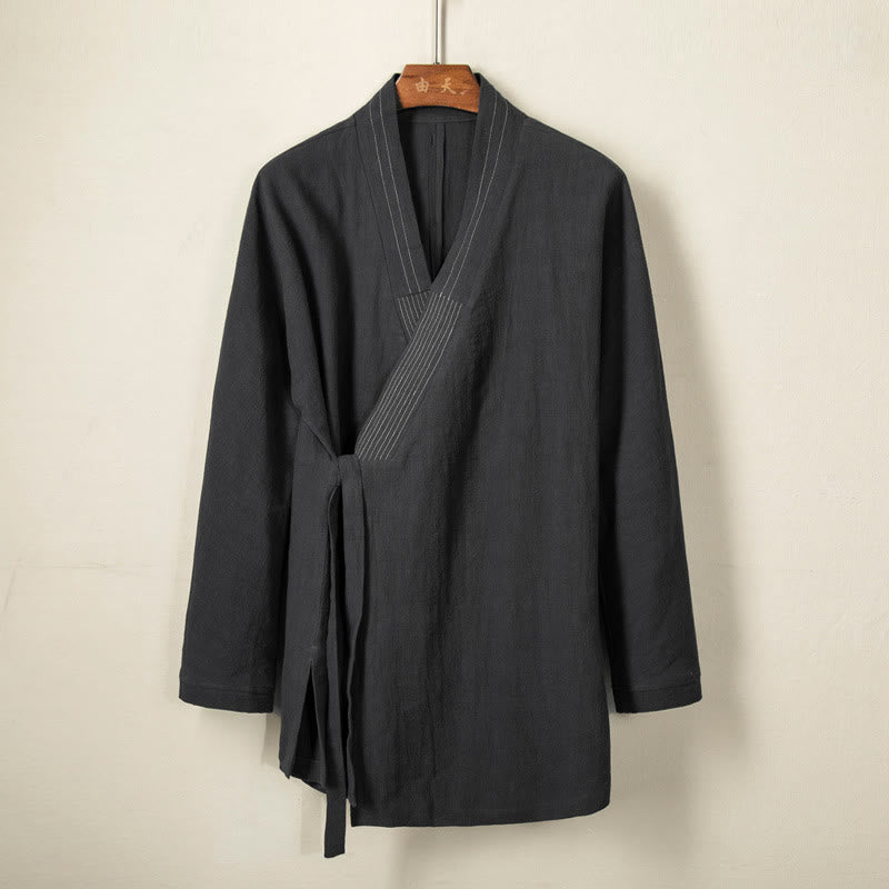 Buddha Stones Simple Fall Lace-up Cotton Linen Men Jacket Coat Zen Clothing - Black - US/UK/AU44,EU54 (4XL) - image 0