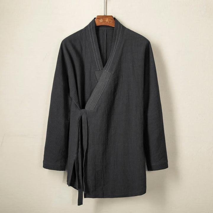 Buddha Stones Simple Fall Lace-up Cotton Linen Men Jacket Coat Zen Clothing - Black - US/UK/AU44,EU54 (4XL) - image 0