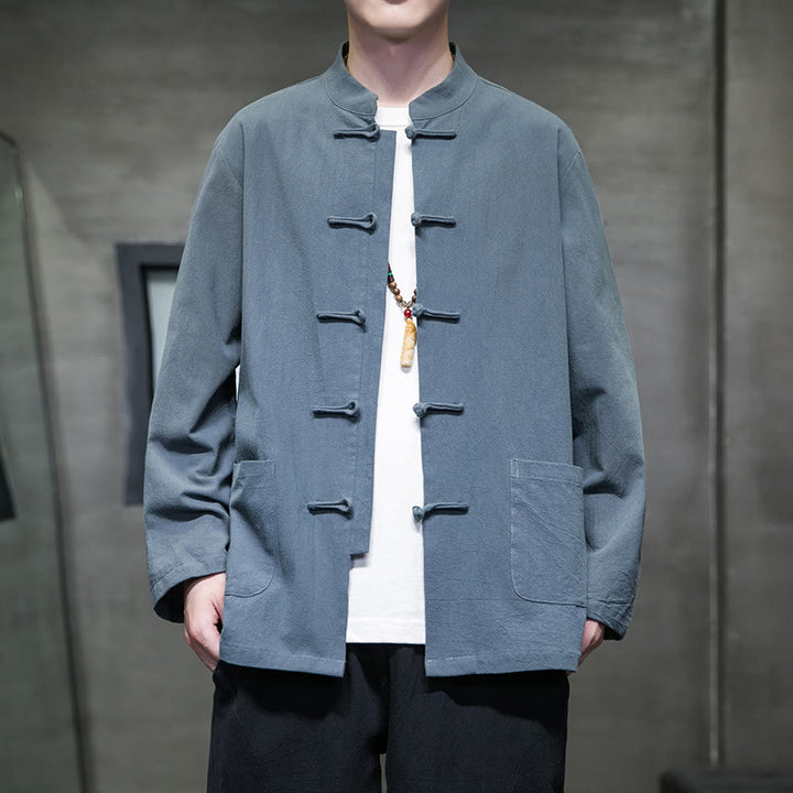 Buddha Stones Simple Frog-Button Chinese Tang Suit Cotton Men Jacket Shirt With Pockets - PowderBlue - US/UK/AU46,EU56 (5XL) - image 12