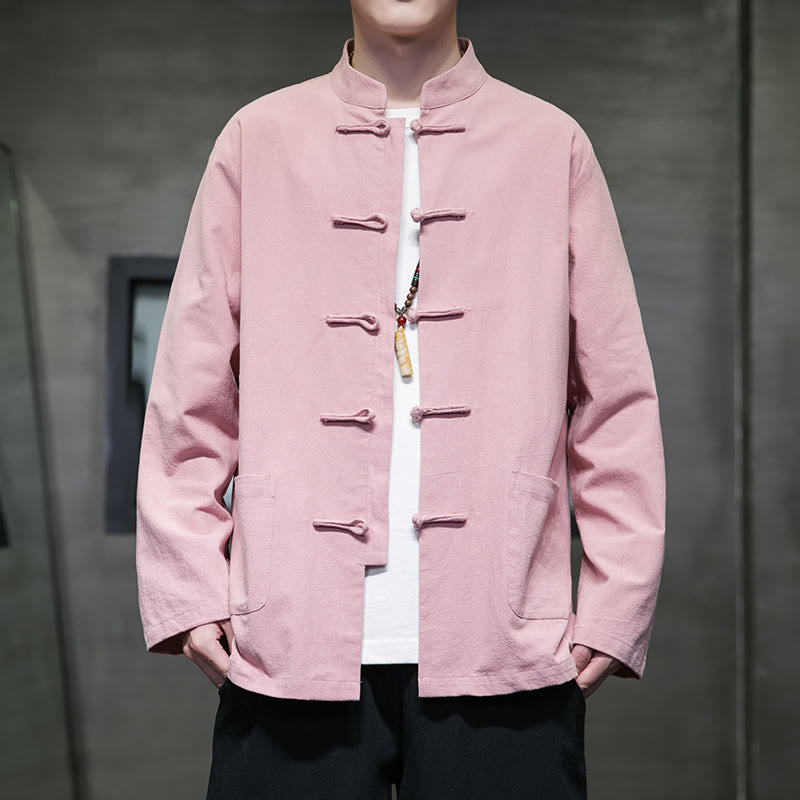 Buddha Stones Simple Frog-Button Chinese Tang Suit Cotton Men Jacket Shirt With Pockets - Pink - US/UK/AU46,EU56 (5XL) - image 30