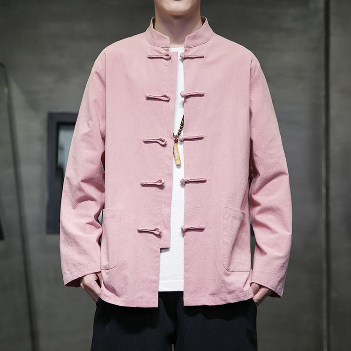 Buddha Stones Simple Frog-Button Chinese Tang Suit Cotton Men Jacket Shirt With Pockets - Pink - US/UK/AU46,EU56 (5XL) - image 30