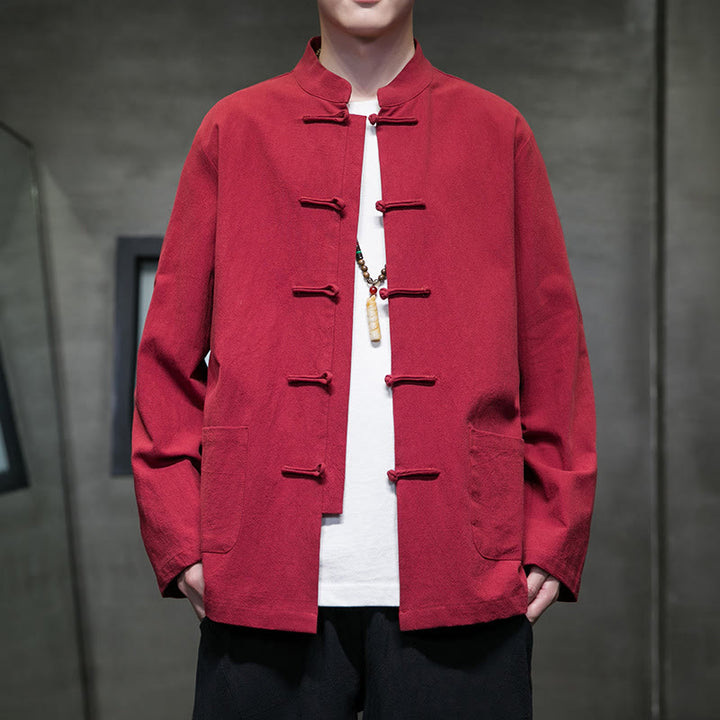 Buddha Stones Simple Frog-Button Chinese Tang Suit Cotton Men Jacket Shirt With Pockets - Red - US/UK/AU46,EU56 (5XL) - image 36