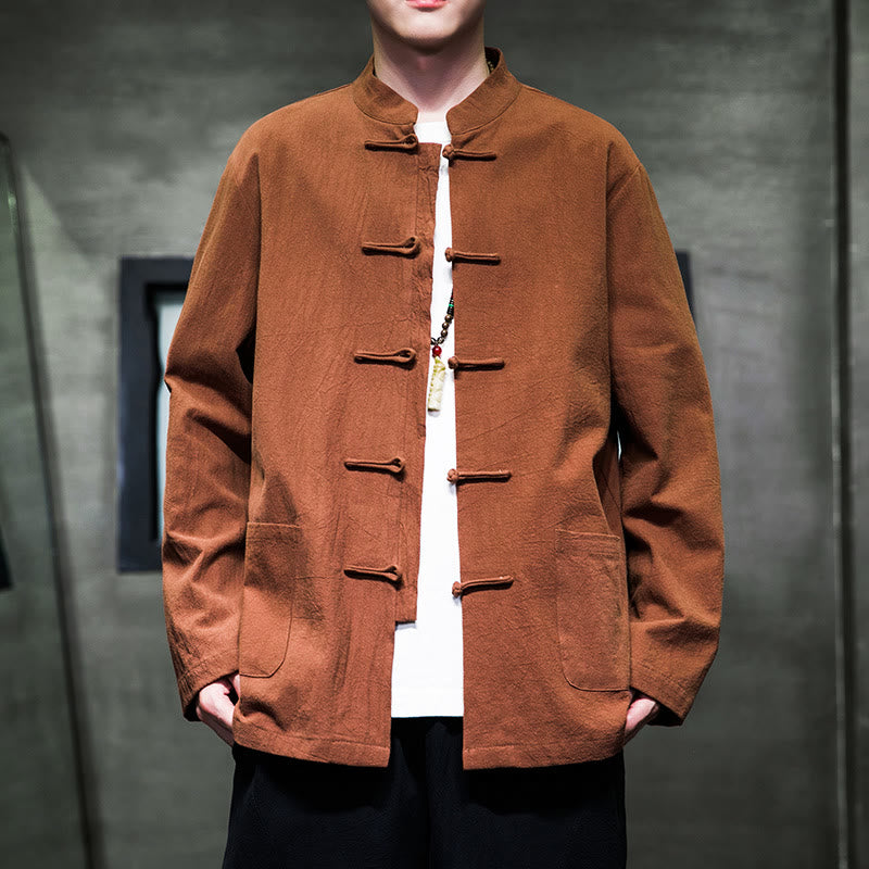 Buddha Stones Simple Frog-Button Chinese Tang Suit Cotton Men Jacket Shirt With Pockets - SandyBrown - US/UK/AU46,EU56 (5XL) - image 24