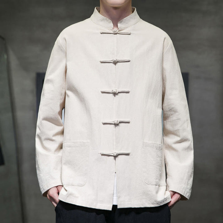 Buddha Stones Simple Frog-Button Chinese Tang Suit Cotton Men Jacket Shirt With Pockets - image 8