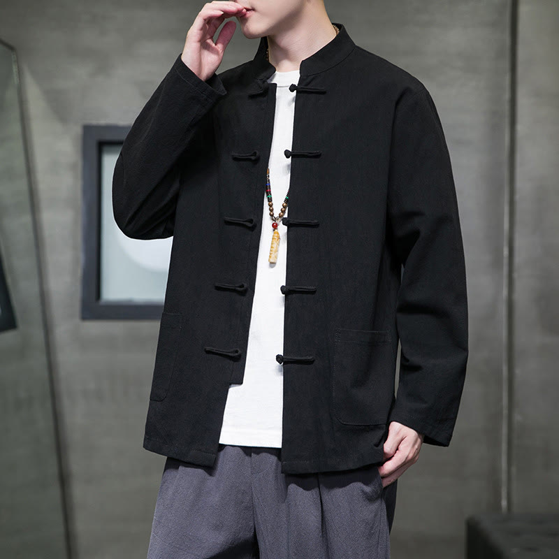 Buddha Stones Simple Frog-Button Chinese Tang Suit Cotton Men Jacket Shirt With Pockets - image 47