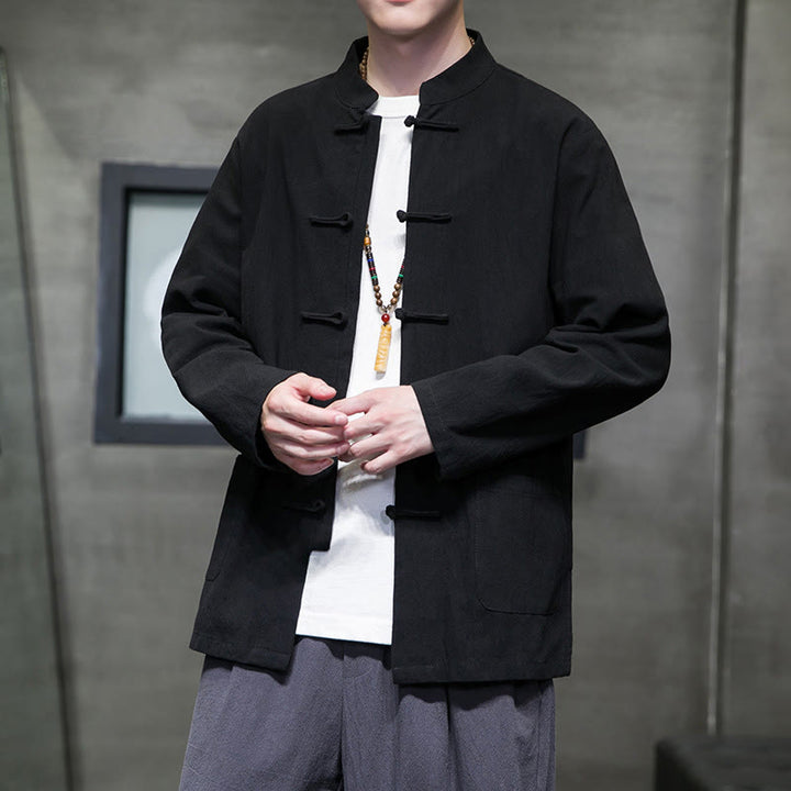 Buddha Stones Simple Frog-Button Chinese Tang Suit Cotton Men Jacket Shirt With Pockets - image 48