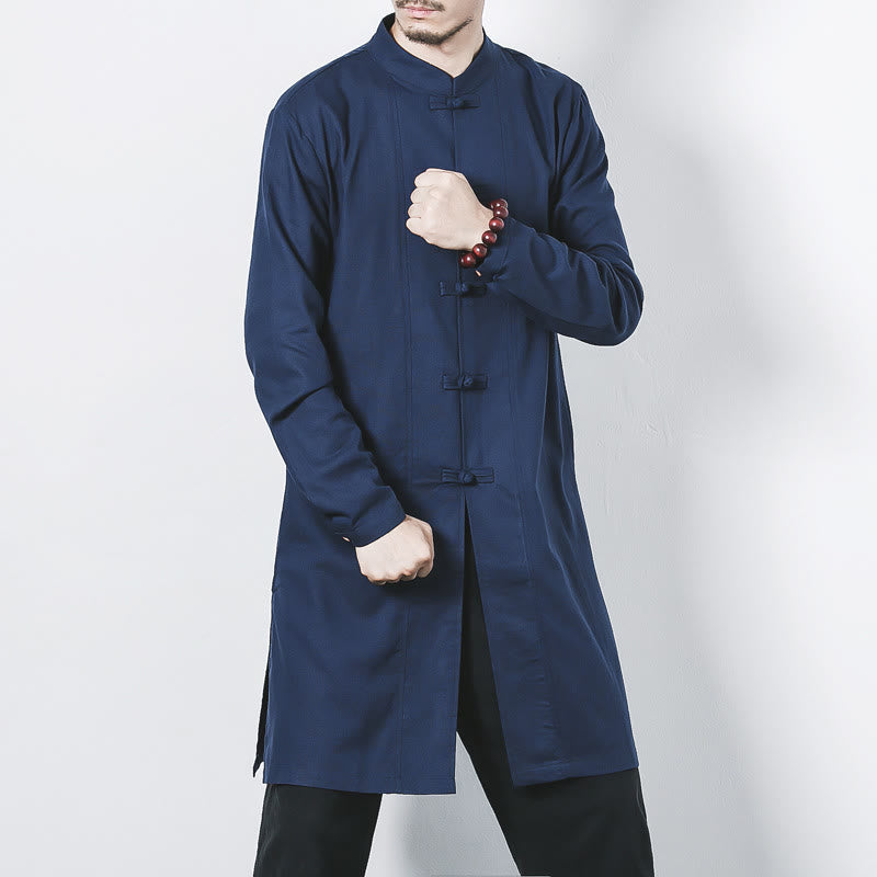 Buddha Stones Fall Simple Frog-Button Linen Men's Mid-length Coat Zen Clothing - SteelBlue - US/UK/AU46,EU56 (5XL) - image 0