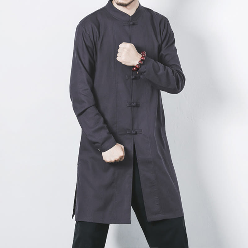 Buddha Stones Fall Simple Frog-Button Linen Men's Mid-length Coat Zen Clothing - Gray - US/UK/AU46,EU56 (5XL) - image 22
