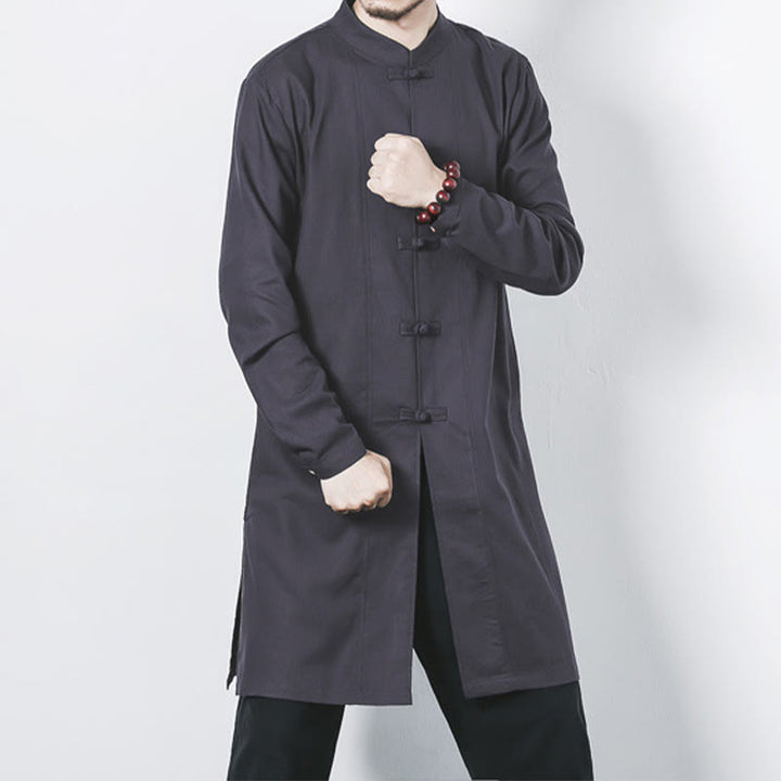 Buddha Stones Fall Simple Frog-Button Linen Men's Mid-length Coat Zen Clothing - Gray - US/UK/AU46,EU56 (5XL) - image 22