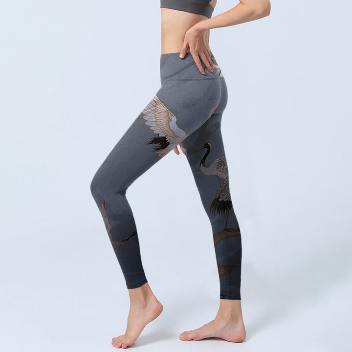 Buddha Stones Auspicious White Crane Pine Tree Print Gym Leggings Women's Yoga Pants - image 3