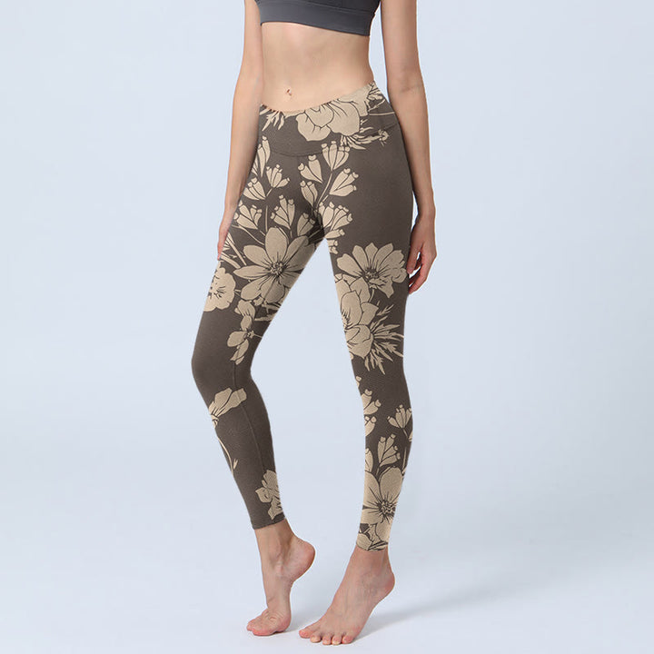 Buddha Stones Flowers Blossom Print Sports Fitness Leggings Women's Yoga Pants - DarkKhaki - US18,UK/AU22,EU50 (4XL) - image 9