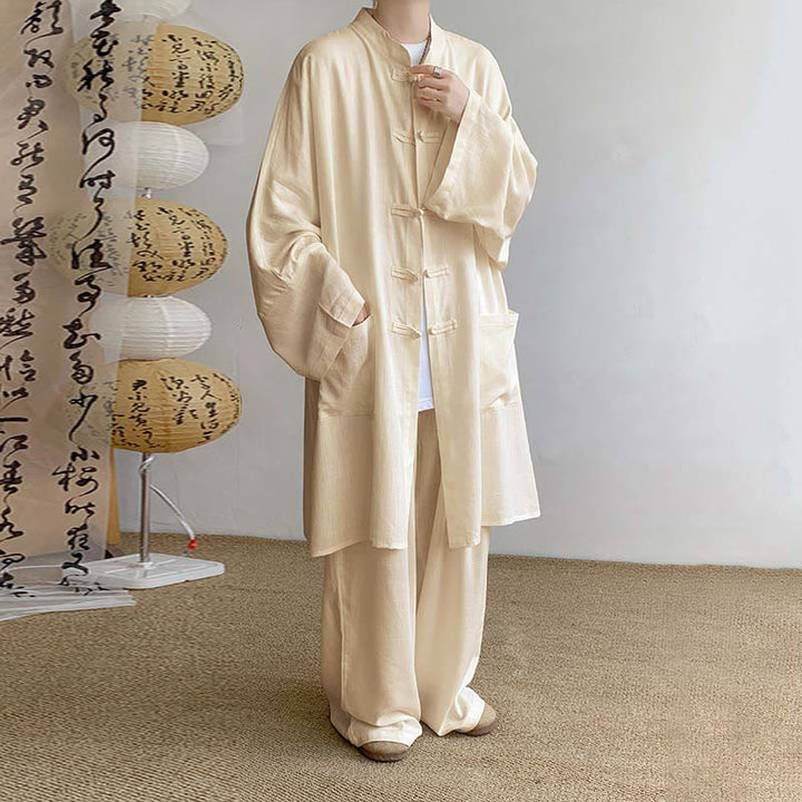 Buddha Stones 2Pcs Men's Long Sleeve Frog-Button Shirt Pants Meditation Zen Cotton Clothing Set - Wheat - US/UK/AU46,EU56 (5XL) - image 1