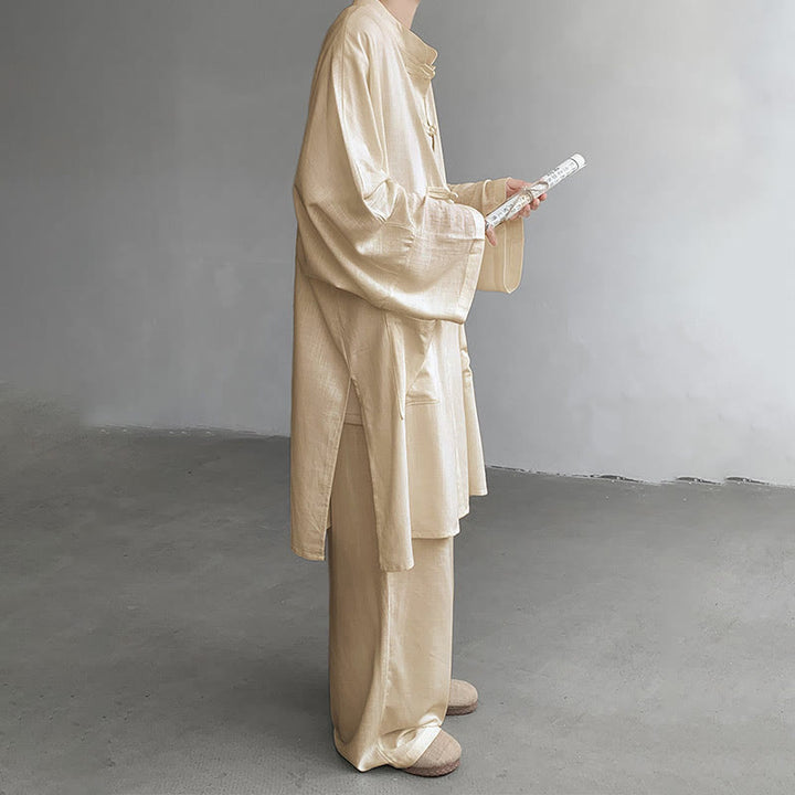 Buddha Stones 2Pcs Men's Long Sleeve Frog-Button Shirt Pants Meditation Zen Cotton Clothing Set - image 3