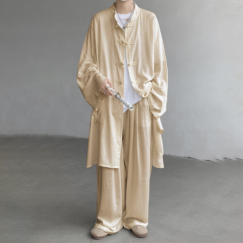 Buddha Stones 2Pcs Men's Long Sleeve Frog-Button Shirt Pants Meditation Zen Cotton Clothing Set - image 2