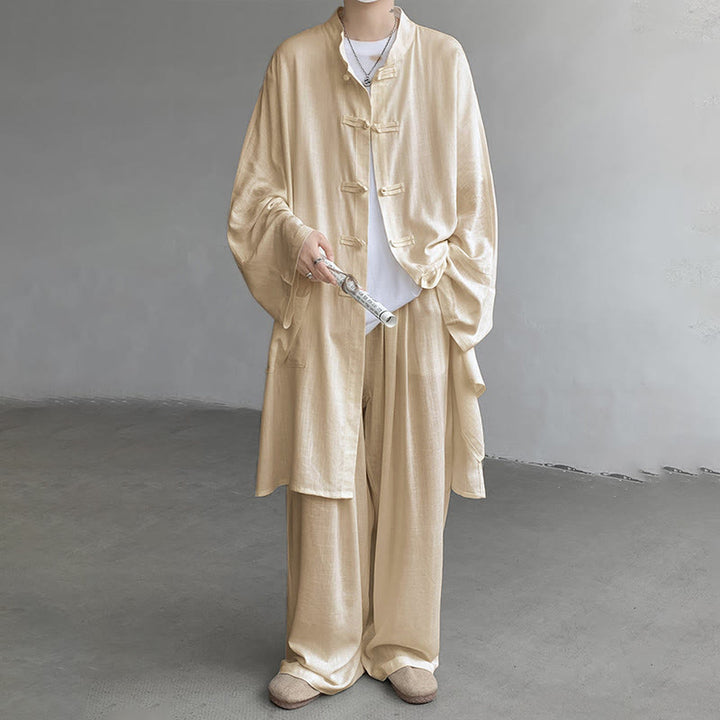 Buddha Stones 2Pcs Men's Long Sleeve Frog-Button Shirt Pants Meditation Zen Cotton Clothing Set - image 2