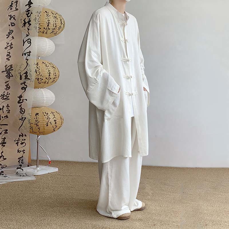 Buddha Stones 2Pcs Men's Long Sleeve Frog-Button Shirt Pants Meditation Zen Cotton Clothing Set - image 5