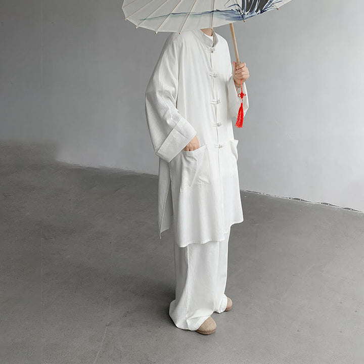 Buddha Stones 2Pcs Men's Long Sleeve Frog-Button Shirt Pants Meditation Zen Cotton Clothing Set - image 8