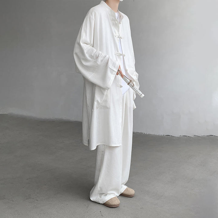 Buddha Stones 2Pcs Men's Long Sleeve Frog-Button Shirt Pants Meditation Zen Cotton Clothing Set - image 7