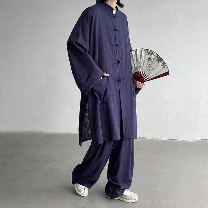 Buddha Stones 2Pcs Men's Long Sleeve Frog-Button Shirt Pants Meditation Zen Cotton Clothing Set - image 13