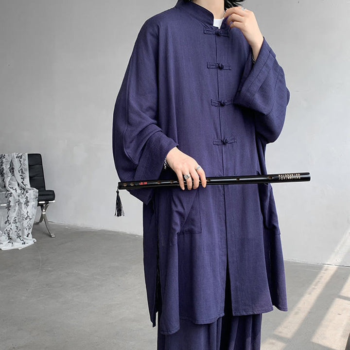 Buddha Stones 2Pcs Men's Long Sleeve Frog-Button Shirt Pants Meditation Zen Cotton Clothing Set - image 17