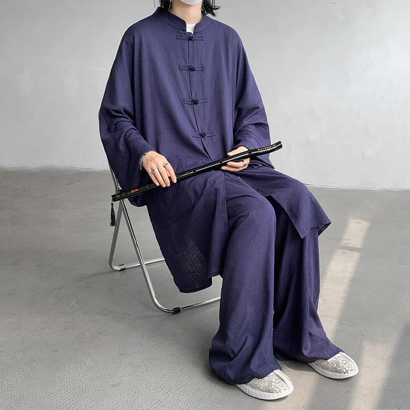 Buddha Stones 2Pcs Men's Long Sleeve Frog-Button Shirt Pants Meditation Zen Cotton Clothing Set - image 15