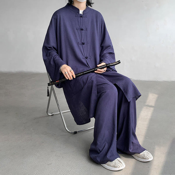 Buddha Stones 2Pcs Men's Long Sleeve Frog-Button Shirt Pants Meditation Zen Cotton Clothing Set - image 15