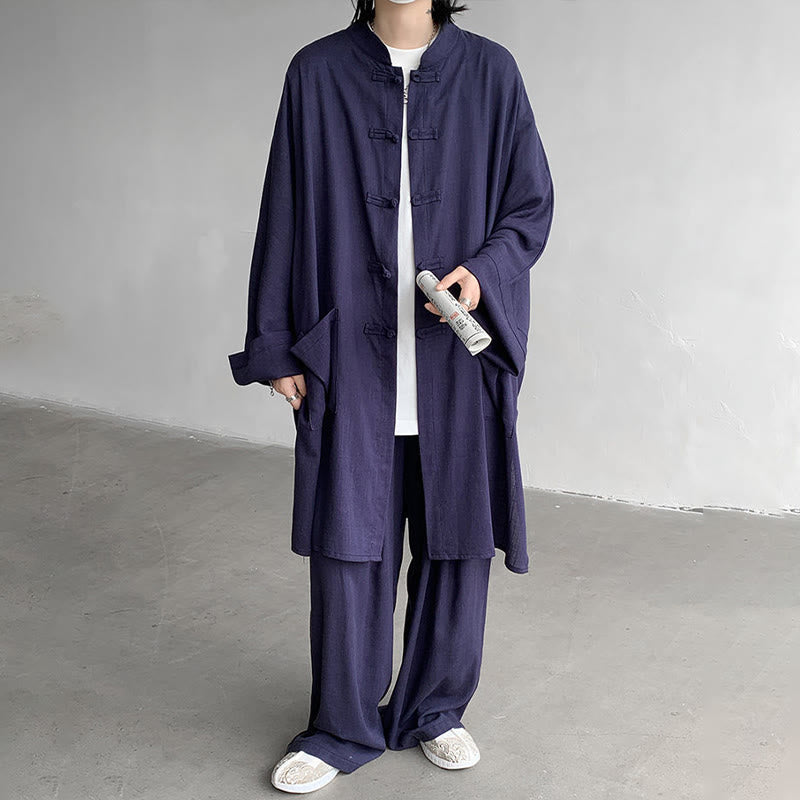 Buddha Stones 2Pcs Men's Long Sleeve Frog-Button Shirt Pants Meditation Zen Cotton Clothing Set - image 12