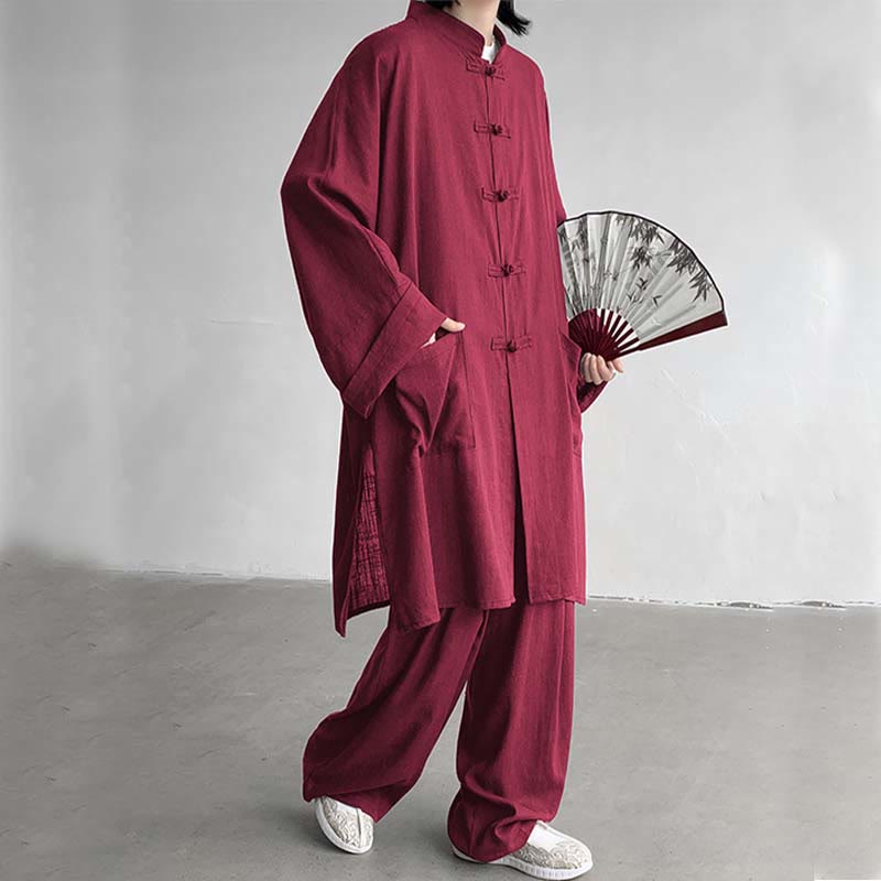 Buddha Stones 2Pcs Men's Long Sleeve Frog-Button Shirt Pants Meditation Zen Cotton Clothing Set - FireBrick - US/UK/AU46,EU56 (5XL) - image 18