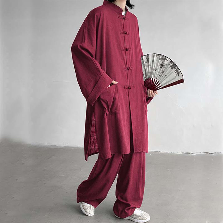 Buddha Stones 2Pcs Men's Long Sleeve Frog-Button Shirt Pants Meditation Zen Cotton Clothing Set - FireBrick - US/UK/AU46,EU56 (5XL) - image 18