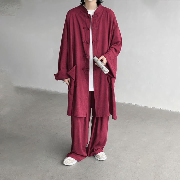 Buddha Stones 2Pcs Men's Long Sleeve Frog-Button Shirt Pants Meditation Zen Cotton Clothing Set - image 20