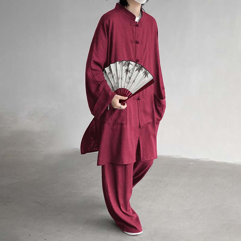 Buddha Stones 2Pcs Men's Long Sleeve Frog-Button Shirt Pants Meditation Zen Cotton Clothing Set - image 19