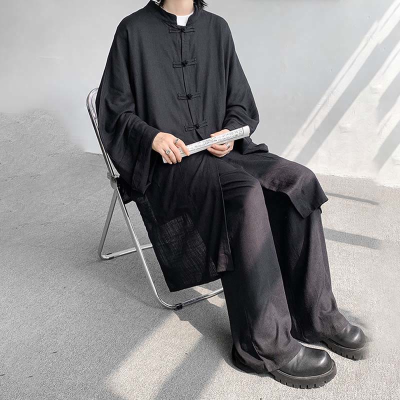 Buddha Stones 2Pcs Men's Long Sleeve Frog-Button Shirt Pants Meditation Zen Cotton Clothing Set - image 25