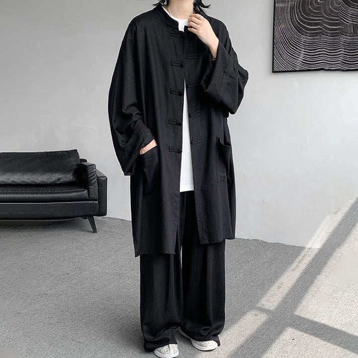 Buddha Stones 2Pcs Men's Long Sleeve Frog-Button Shirt Pants Meditation Zen Cotton Clothing Set - Black - US/UK/AU46,EU56 (5XL) - image 21