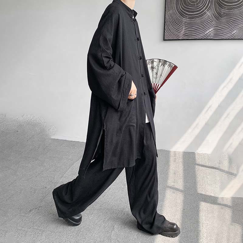 Buddha Stones 2Pcs Men's Long Sleeve Frog-Button Shirt Pants Meditation Zen Cotton Clothing Set - image 23