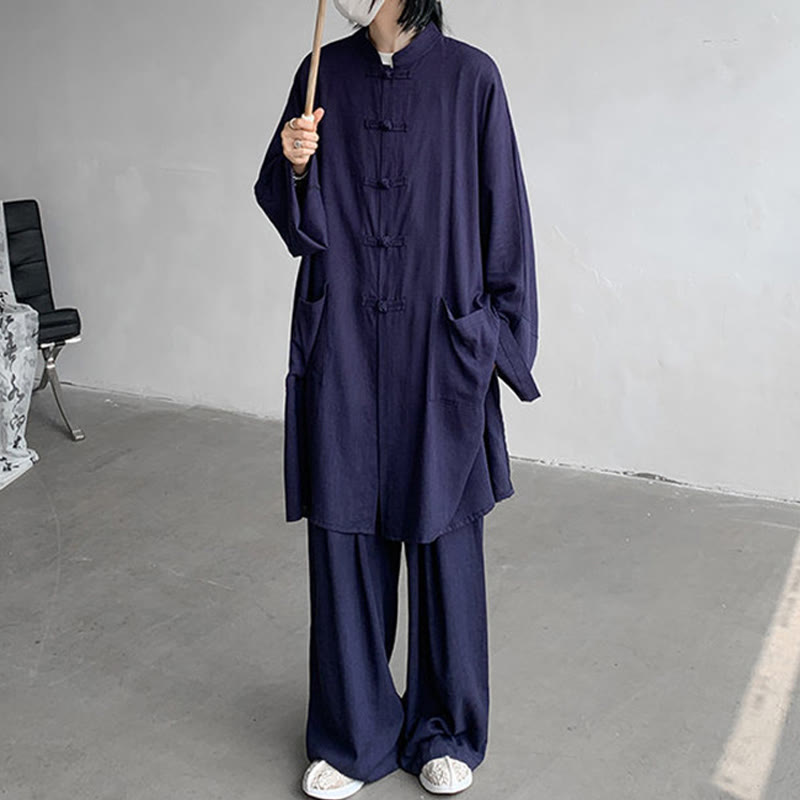 Buddha Stones 2Pcs Men's Long Sleeve Frog-Button Shirt Pants Meditation Zen Cotton Clothing Set - image 14