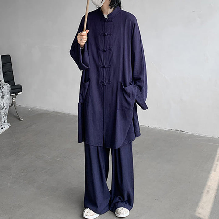 Buddha Stones 2Pcs Men's Long Sleeve Frog-Button Shirt Pants Meditation Zen Cotton Clothing Set - image 14