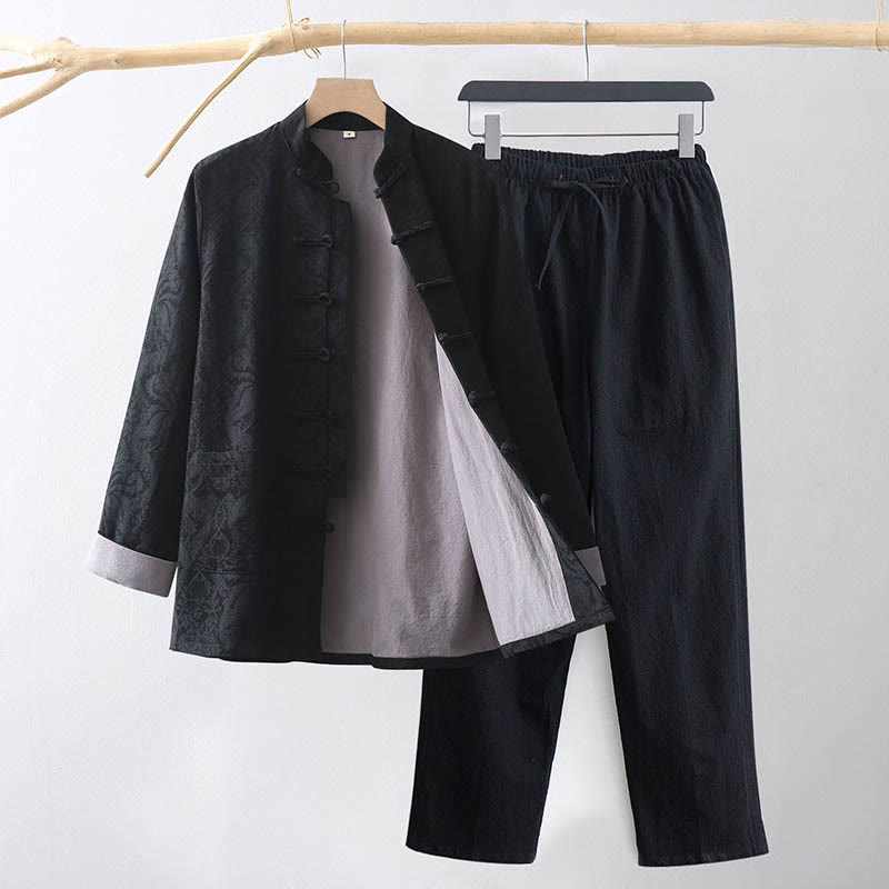 Buddha Stones 2Pcs Men's Tang Suit Jacquard Vine Pattern Frog-Button Cotton Long Sleeve Shirt Pants Set - Black - US/UK/AU44,EU54 (4XL) - image 10