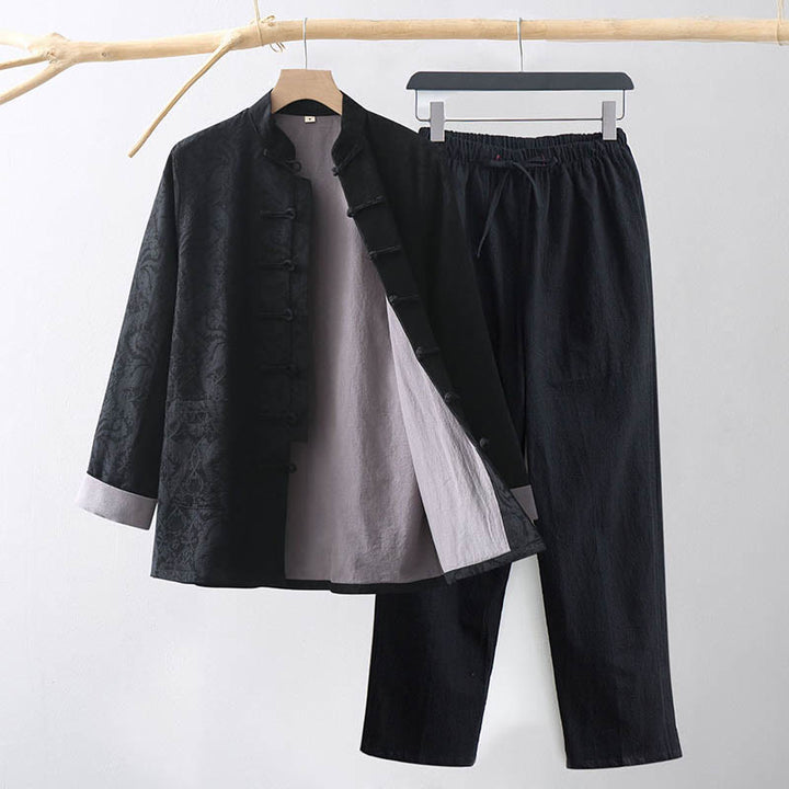 Buddha Stones 2Pcs Men's Tang Suit Jacquard Vine Pattern Frog-Button Cotton Long Sleeve Shirt Pants Set - Black - US/UK/AU44,EU54 (4XL) - image 10